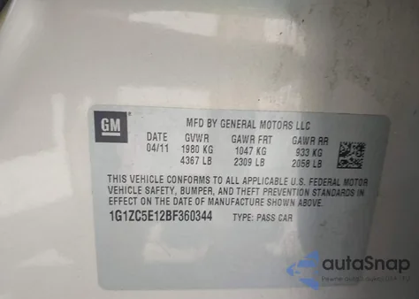 2011 Chevrolet Malibu 1Lt z USA, uszkodzony, nr VIN 1G1ZC5E12BF360344